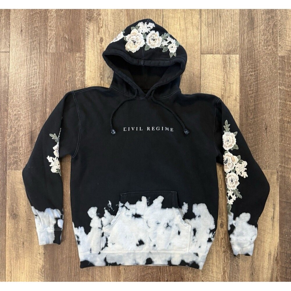 CIVIL REGIME Hoodie (LARGE) Black White Tie Dye Roses Floral Embroidered